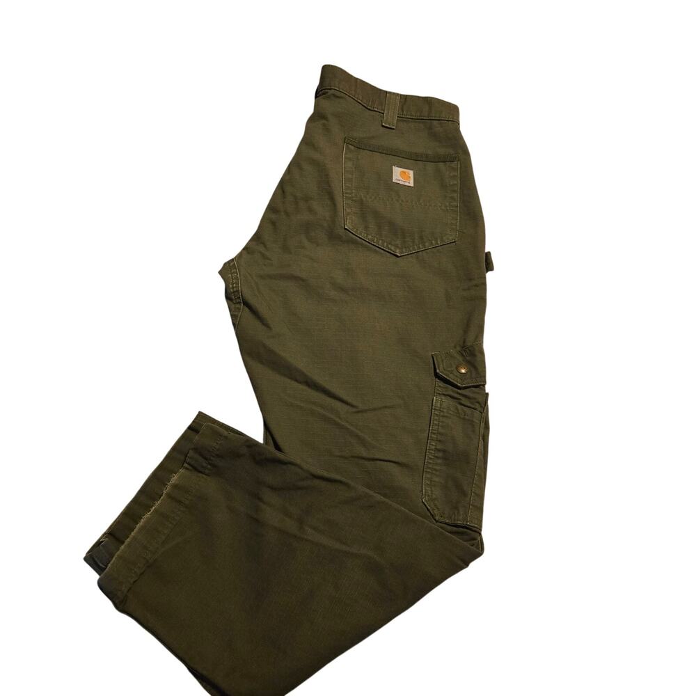 These are Carhartt relaxed fit ripstop cargo work pants in olive green 38/30